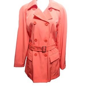 New York & Company Womens Large Double Brested Trench Coat Belted Pockets Salmon